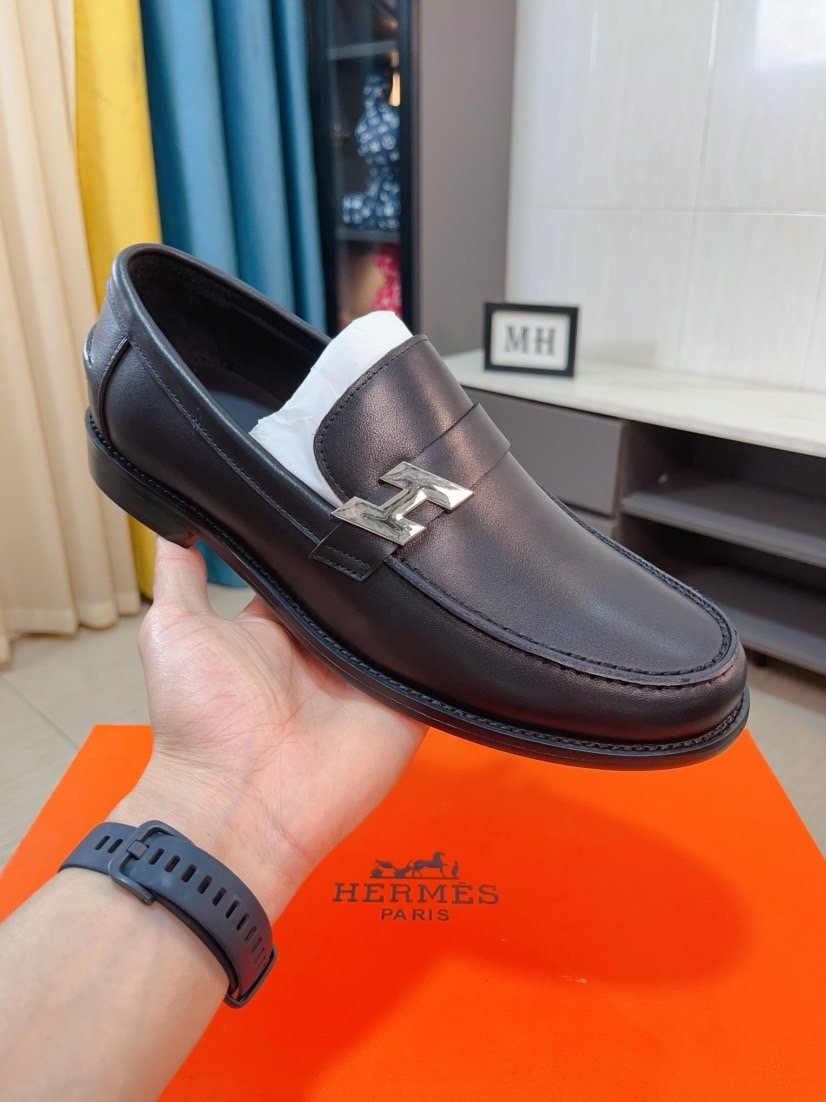 Hermès Men's Black H-Hardware Loafers - Black Leather Upper